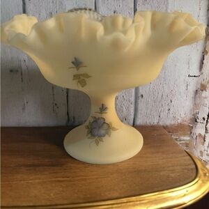 Vintage Fenton Ivory Satin Glass Ruffle Footed Floral Print Compote Candy Dish